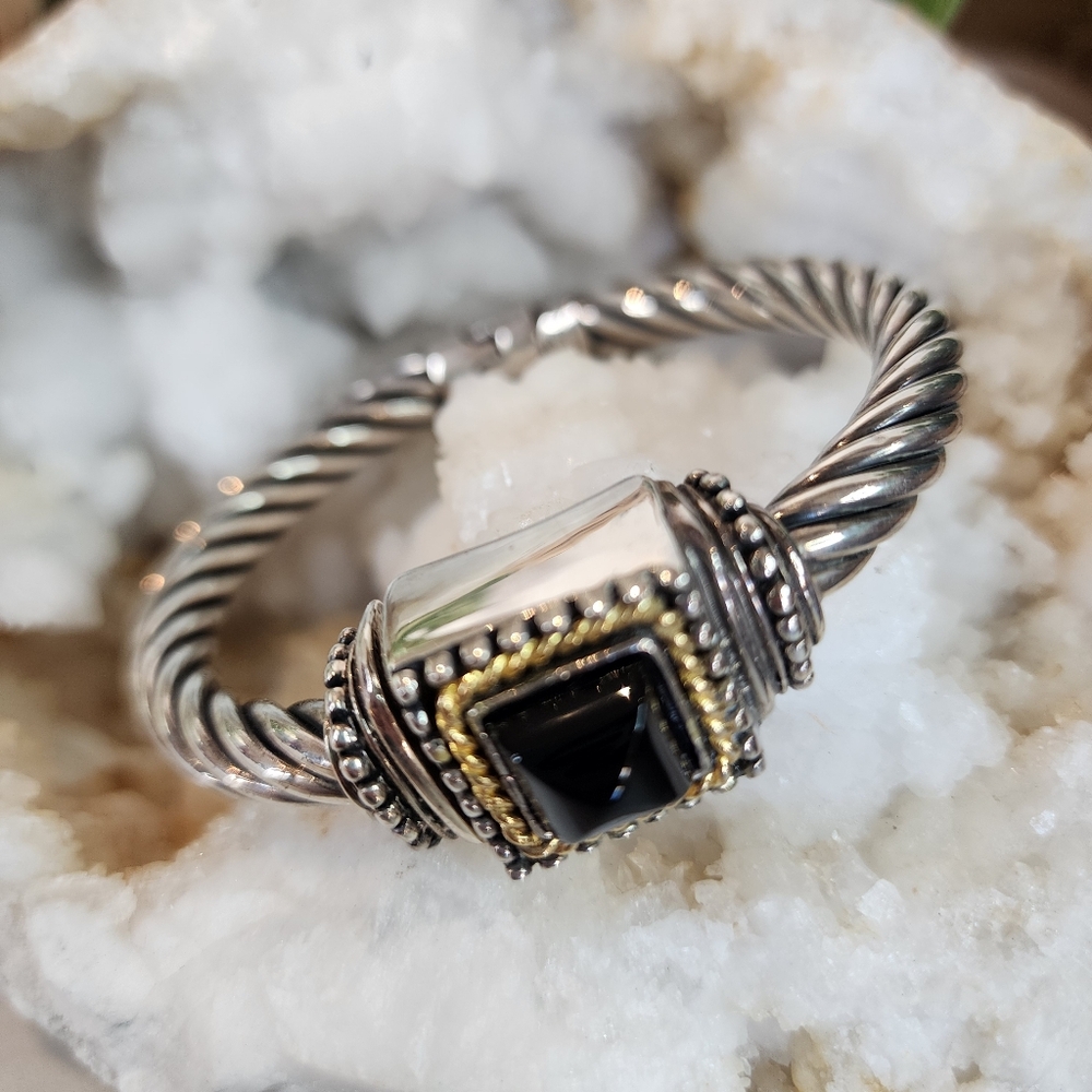 Flli Menegatti Italy Vintage Pyramid Greek Key Sterling Silver Cable Bracelet